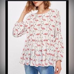 Fun flamingo print whimsical balloon sleeve print peplum blouse M unique